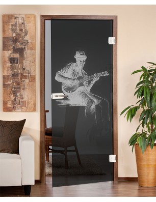 Ganzglastür Gitarist Gelasert Auf Grauglas