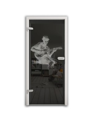 Ganzglastür Gitarist Gelasert Auf Grauglas