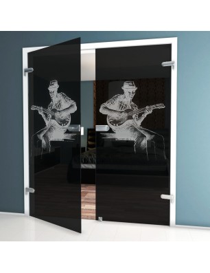 Ganzglastür Gitarist Gelasert Auf Grauglas