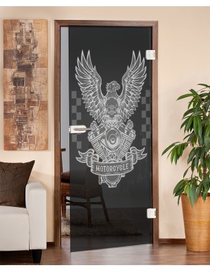 Ganzglastür Biker Gelasert Auf Grauglas