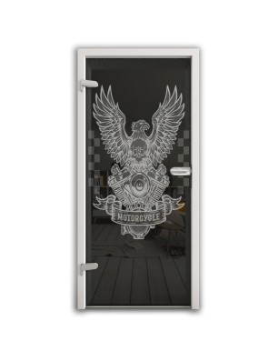 Ganzglastür Biker Gelasert Auf Grauglas