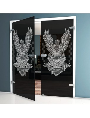 Ganzglastür Biker Gelasert Auf Grauglas