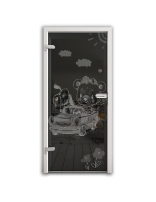 Ganzglastür kids car Gelasert Auf Grauglas