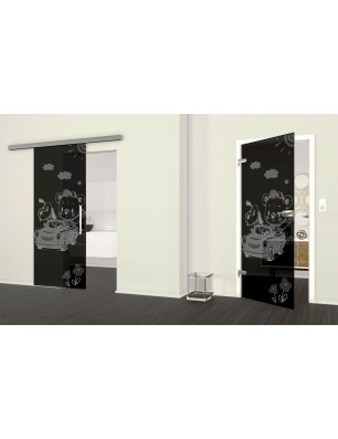 Ganzglastür kids car Gelasert Auf Grauglas