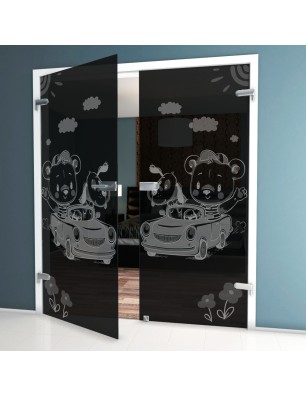 Ganzglastür kids car Gelasert Auf Grauglas