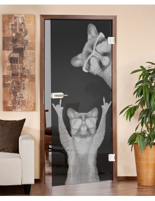 Ganzglastür Waschbären Gelasert Auf Grauglas