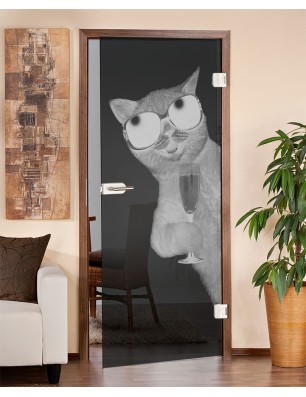 Ganzglastür Drinking Cat Gelasert Auf Grauglas