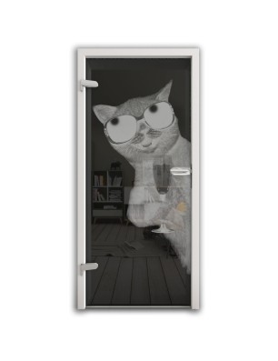 Ganzglastür Drinking Cat Gelasert Auf Grauglas