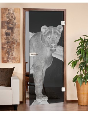 Ganzglastür Löwin Gelasert Auf Grauglas