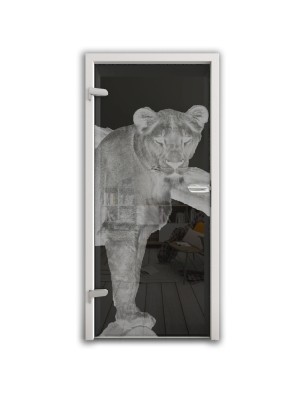 Ganzglastür Löwin Gelasert Auf Grauglas