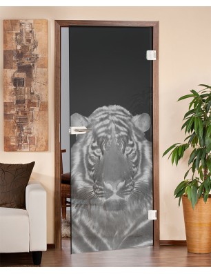 Ganzglastür Tigerkopf Gelasert Auf Grauglas