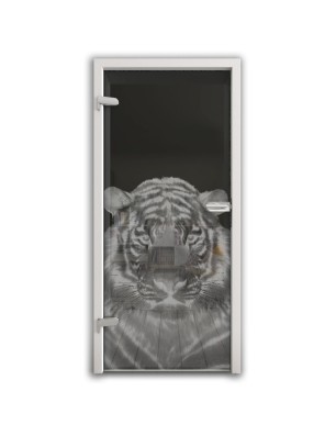 Ganzglastür Tigerkopf Gelasert Auf Grauglas