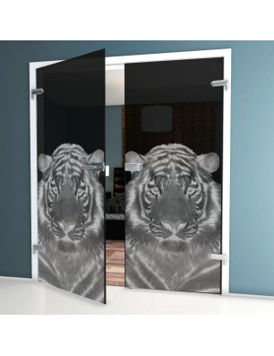 Ganzglastür Tigerkopf Gelasert Auf Grauglas