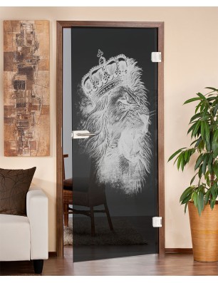 Ganzglastür Lionking Gelasert Auf Grauglas