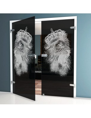 Ganzglastür Lionking Gelasert Auf Grauglas