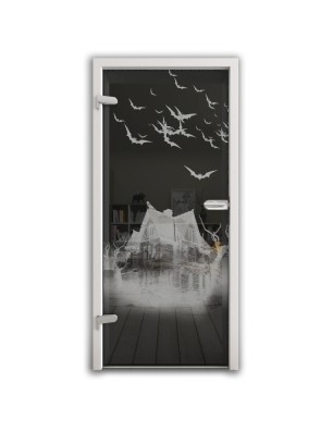 Ganzglastür Spukhaus Gelasert Auf Grauglas