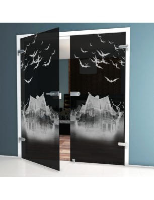 Ganzglastür Spukhaus Gelasert Auf Grauglas