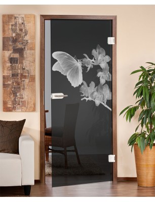 Ganzglastür Butterfly Gelasert Auf Grauglas