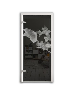Ganzglastür Butterfly Gelasert Auf Grauglas