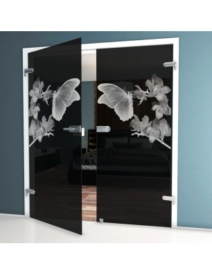 Ganzglastür Butterfly Gelasert Auf Grauglas