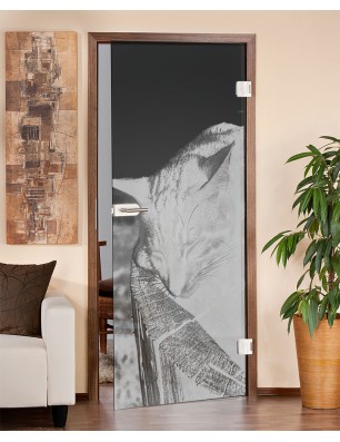 Ganzglastür Dreaming Kitty Gelasert Auf Grauglas