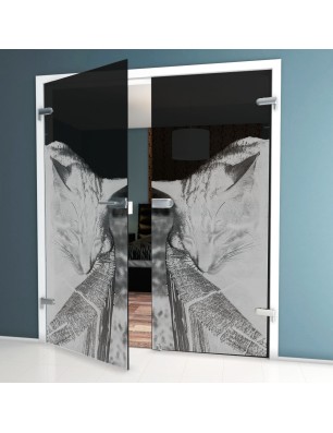 Ganzglastür Dreaming Kitty Gelasert Auf Grauglas