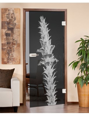 Ganzglastür Acantus Montanus Gelasert Auf Grauglas