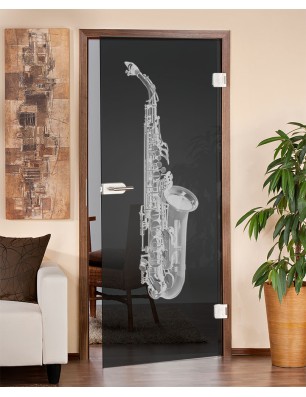 Ganzglastür Saksofon Gelasert Auf Grauglas