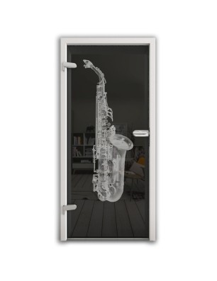 Ganzglastür Saksofon Gelasert Auf Grauglas