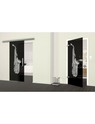 Ganzglastür Saksofon Gelasert Auf Grauglas