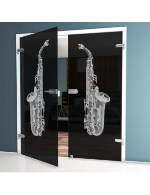 Ganzglastür Saksofon Gelasert Auf Grauglas