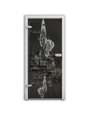 Ganzglastür Vintage Butterfly Gelasert Auf Grauglas
