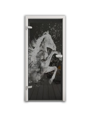 Ganzglastür flying Horse Gelasert Auf Grauglas
