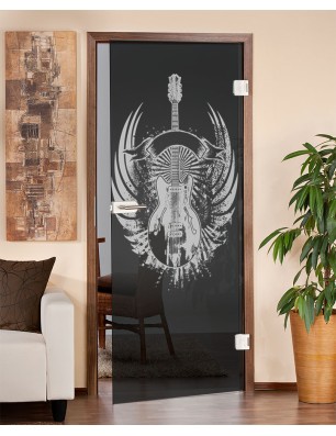 Ganzglastür Guitar Rebell Gelasert Auf Grauglas