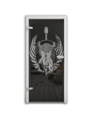 Ganzglastür Guitar Rebell Gelasert Auf Grauglas