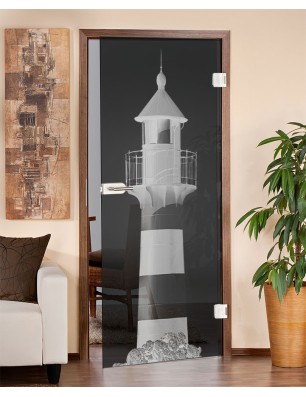 Ganzglastür Leuchtturm 2 Gelasert Auf Grauglas