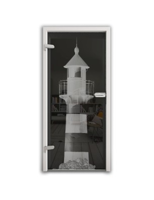 Ganzglastür Leuchtturm 2 Gelasert Auf Grauglas