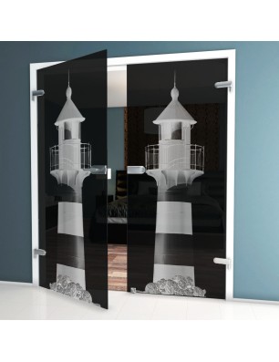 Ganzglastür Leuchtturm 2 Gelasert Auf Grauglas