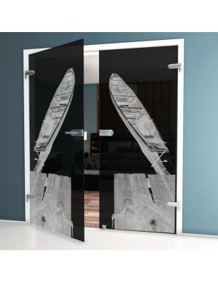 Ganzglastür Boot 2 Gelasert Auf Grauglas