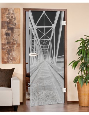 Ganzglastür Gleise Gelasert Auf Grauglas