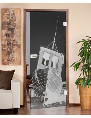 Ganzglastür Fischerboot Gelasert Auf Grauglas