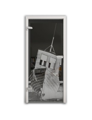 Ganzglastür Fischerboot Gelasert Auf Grauglas