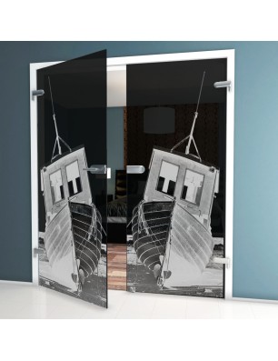 Ganzglastür Fischerboot Gelasert Auf Grauglas