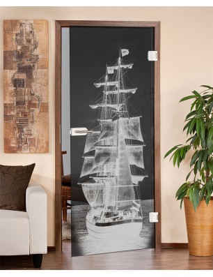 Ganzglastür Segelschiff II Gelasert Auf Grauglas