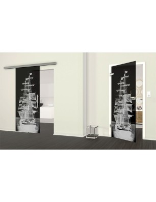 Ganzglastür Segelschiff II Gelasert Auf Grauglas