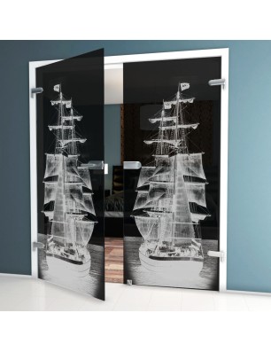 Ganzglastür Segelschiff II Gelasert Auf Grauglas