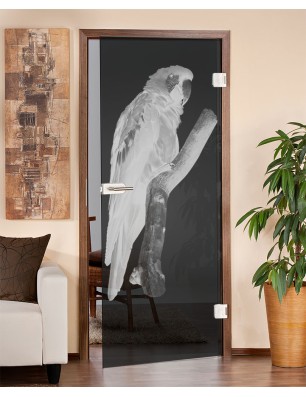 Ganzglastür Pappagei Gelasert Auf Grauglas