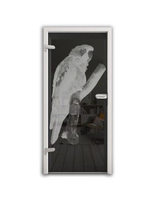Ganzglastür Pappagei Gelasert Auf Grauglas