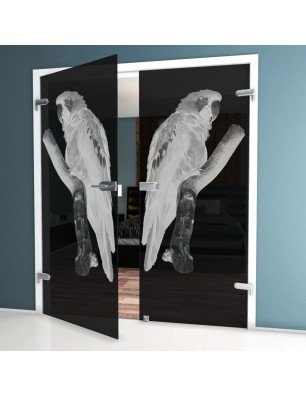 Ganzglastür Pappagei Gelasert Auf Grauglas