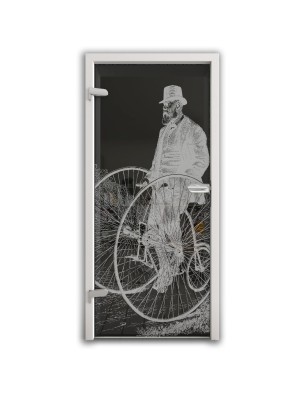 Ganzglastür Vintage Bike Gelasert Auf Grauglas